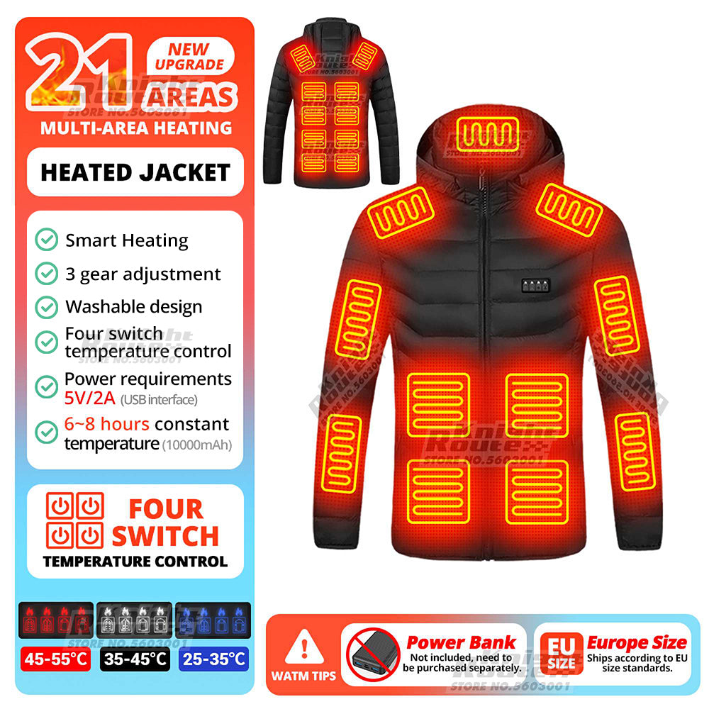 21 Areas USB Heated Jacket – Winter Smart Electric Heating Coat for Men & Women