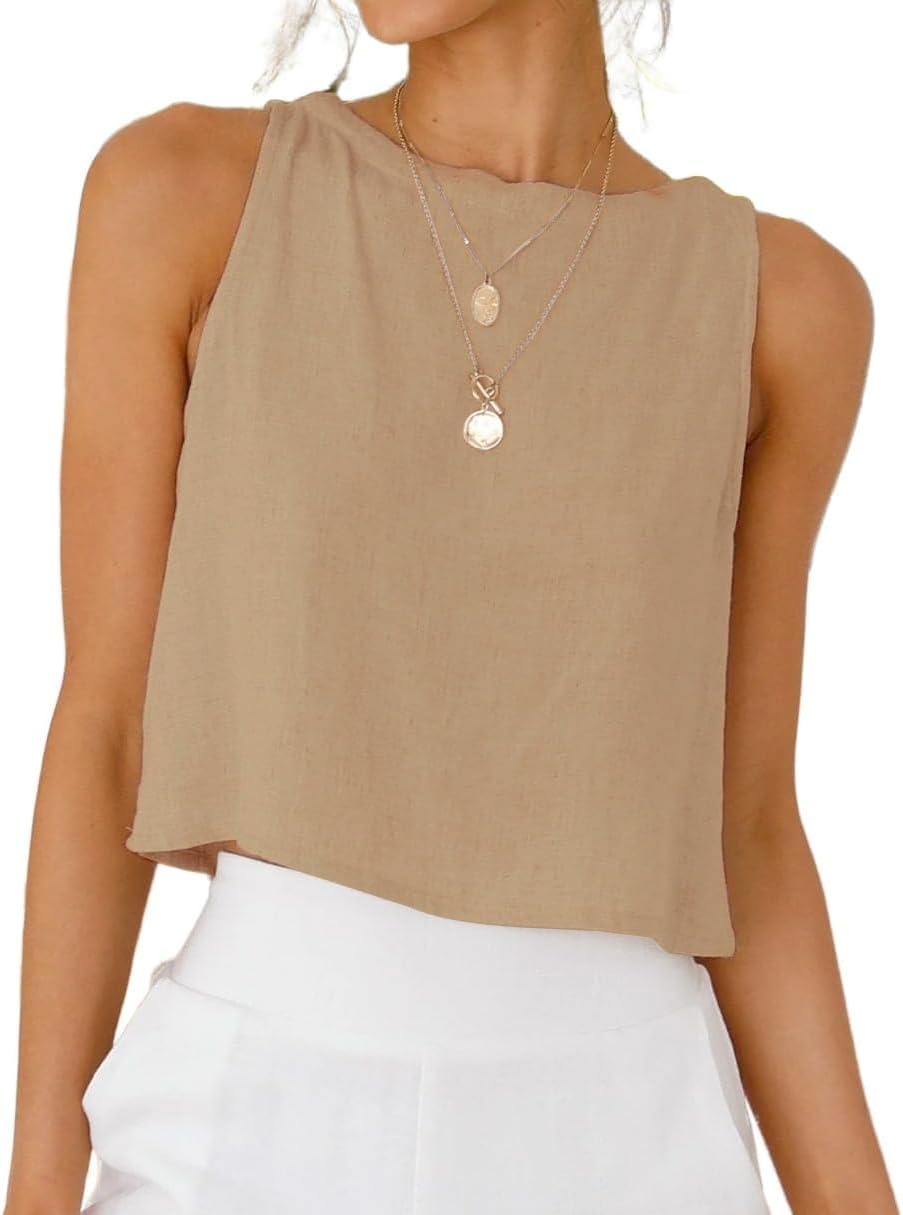 IDEALSANXUN Womens Linen Crop Tank Tops 2026 Spring Summer Sleeveless Tops