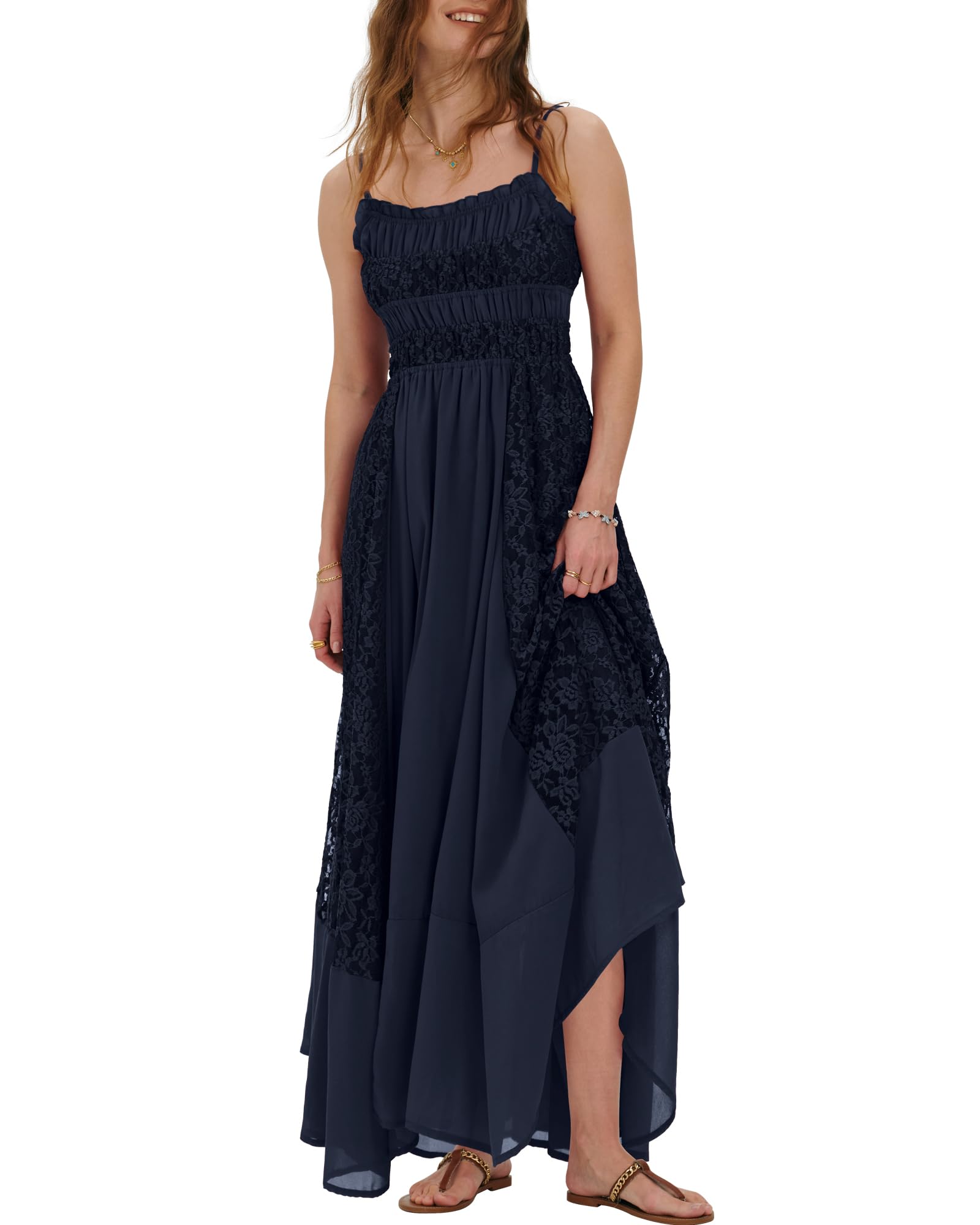 Gacaky Summer Dress for Women Casual Lace Floral Embroidered Bohemian Maxi Dress Flowy A Line Beach Long Dresses
