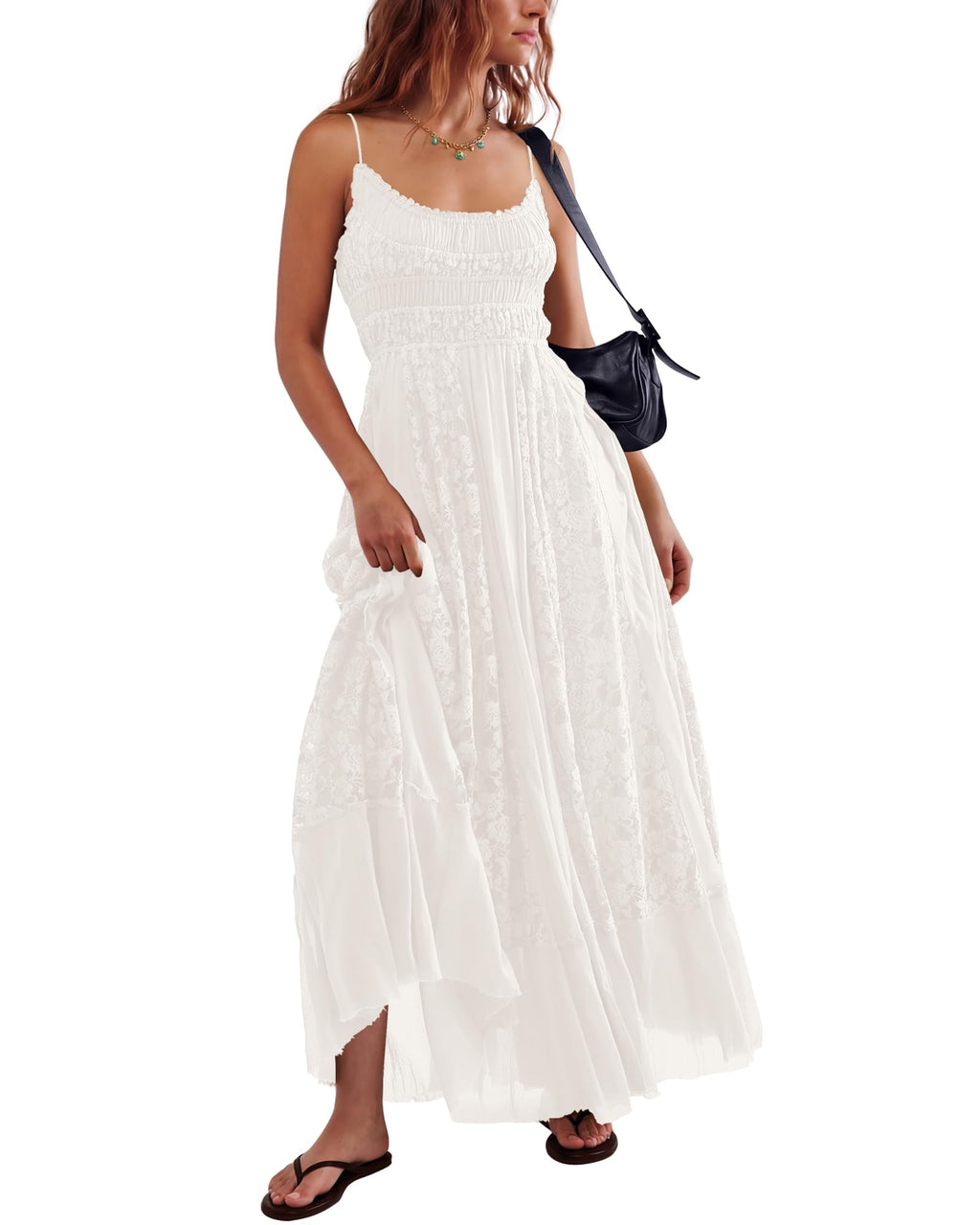 Gacaky Summer Dress for Women Casual Lace Floral Embroidered Bohemian Maxi Dress Flowy A Line Beach Long Dresses