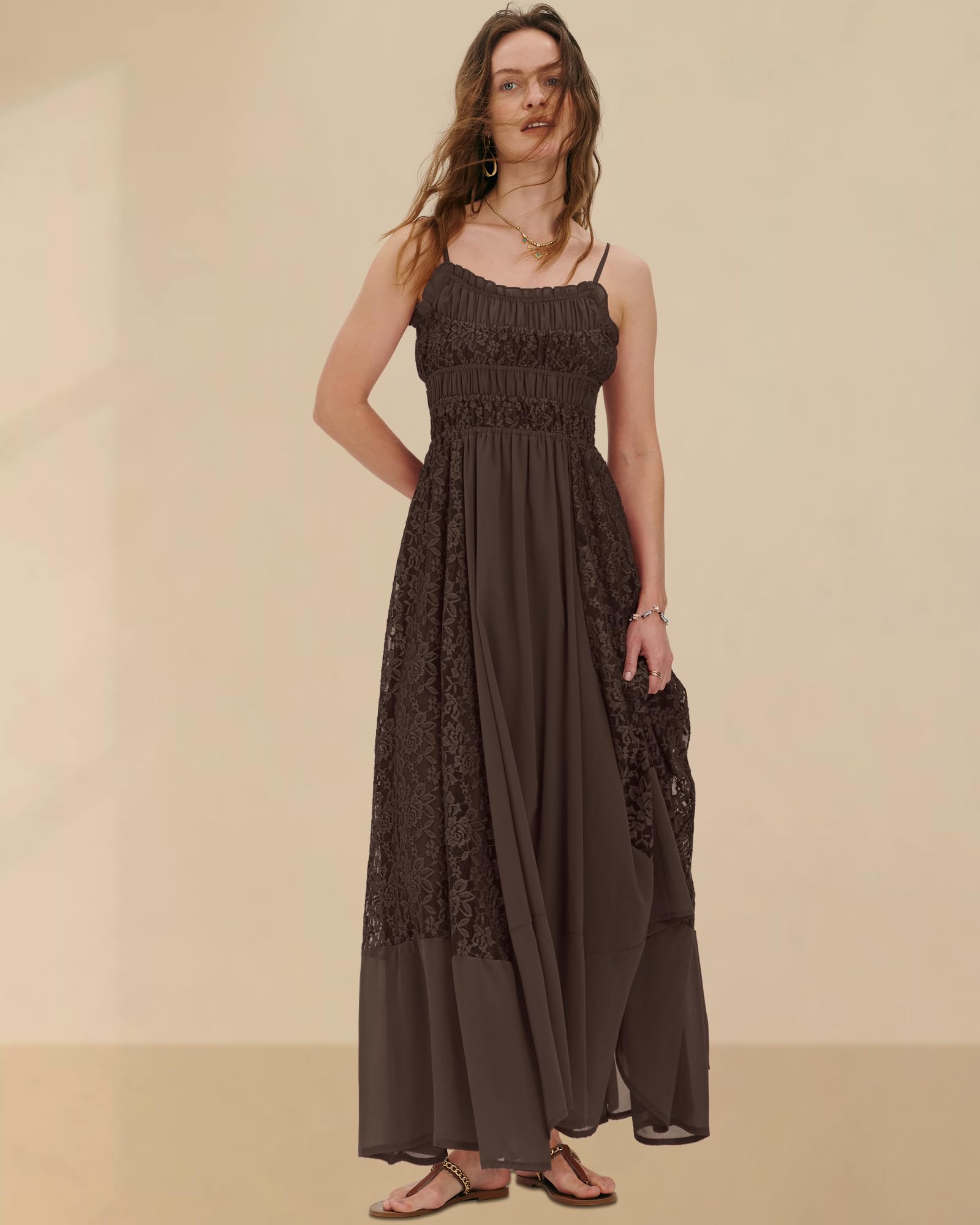 Gacaky Summer Dress for Women Casual Lace Floral Embroidered Bohemian Maxi Dress Flowy A Line Beach Long Dresses