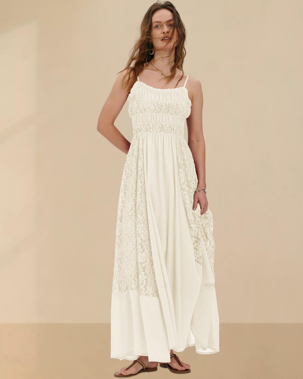 Gacaky Summer Dress for Women Casual Lace Floral Embroidered Bohemian Maxi Dress Flowy A Line Beach Long Dresses