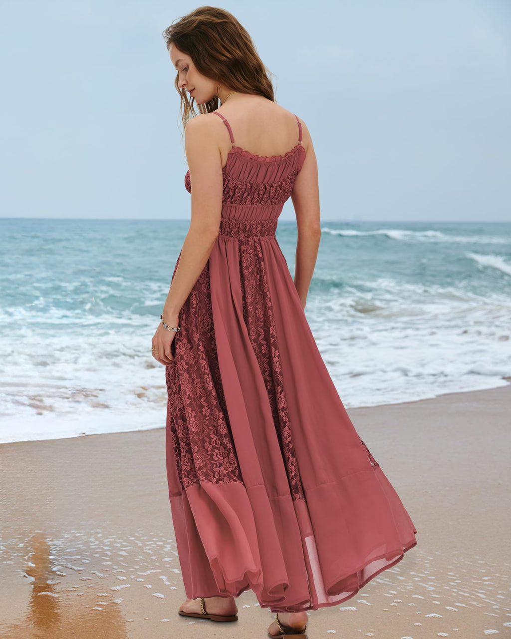Gacaky Summer Dress for Women Casual Lace Floral Embroidered Bohemian Maxi Dress Flowy A Line Beach Long Dresses