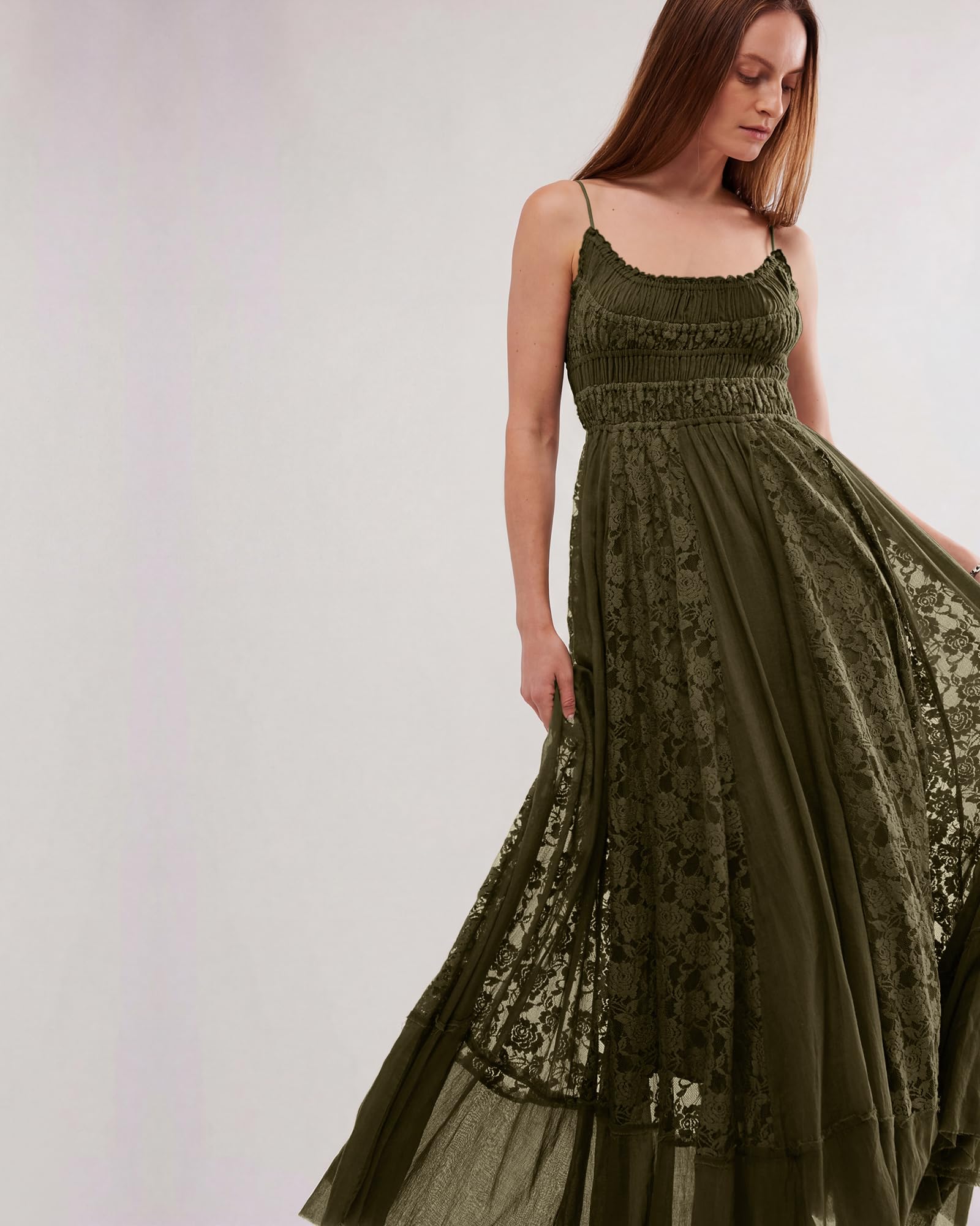 Gacaky Summer Dress for Women Casual Lace Floral Embroidered Bohemian Maxi Dress Flowy A Line Beach Long Dresses