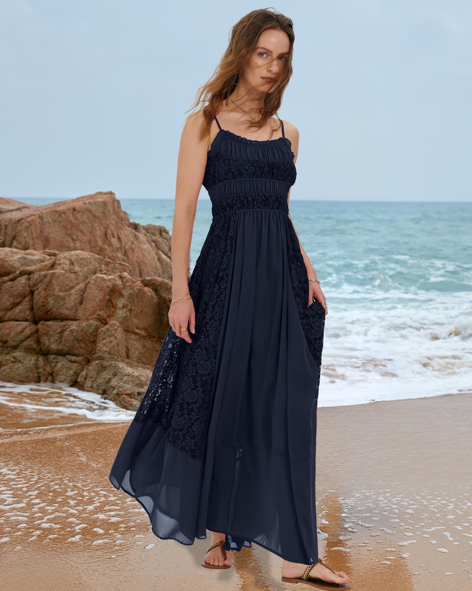 Gacaky Summer Dress for Women Casual Lace Floral Embroidered Bohemian Maxi Dress Flowy A Line Beach Long Dresses