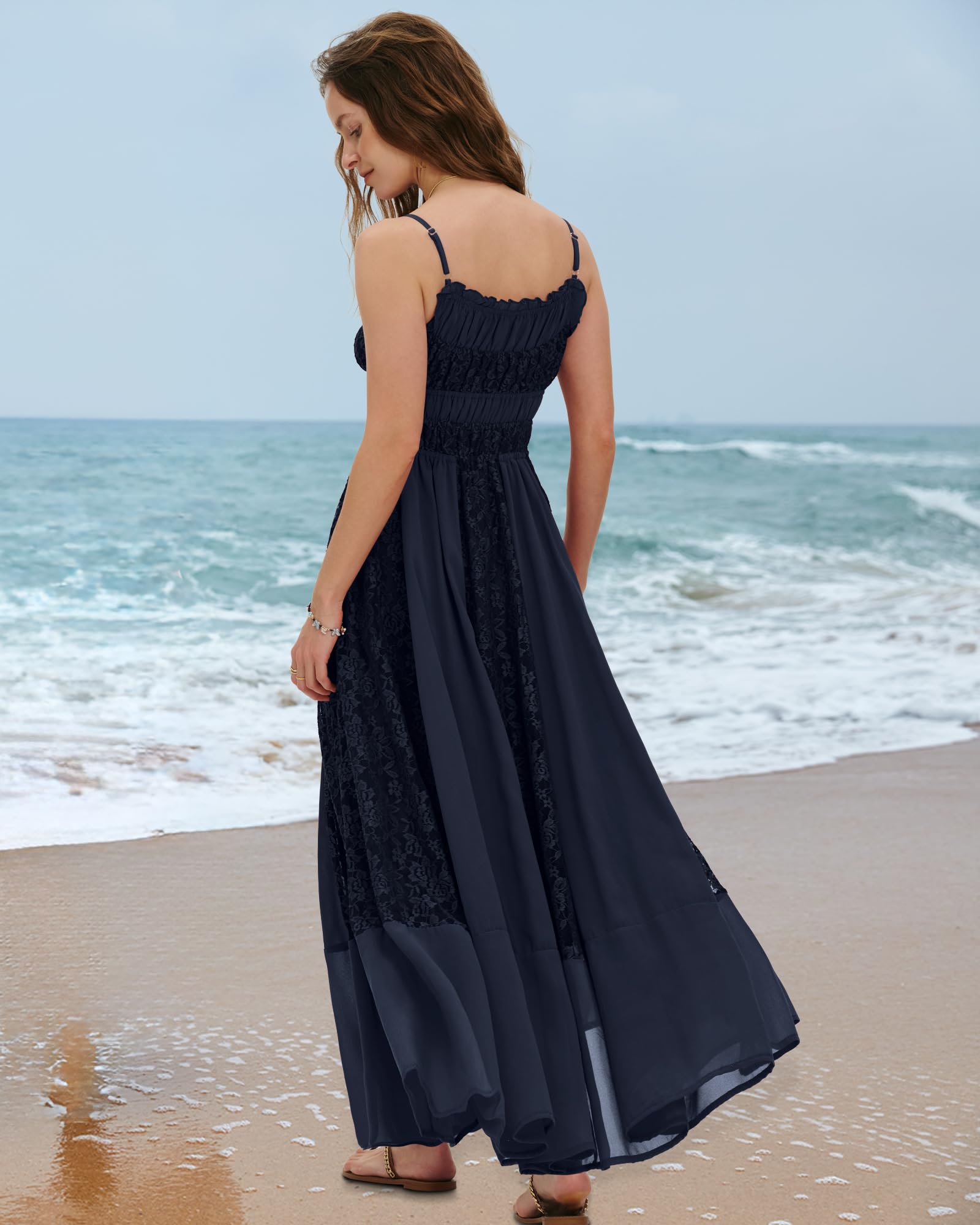 Gacaky Summer Dress for Women Casual Lace Floral Embroidered Bohemian Maxi Dress Flowy A Line Beach Long Dresses