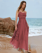 Gacaky Summer Dress for Women Casual Lace Floral Embroidered Bohemian Maxi Dress Flowy A Line Beach Long Dresses