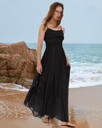 Gacaky Summer Dress for Women Casual Lace Floral Embroidered Bohemian Maxi Dress Flowy A Line Beach Long Dresses