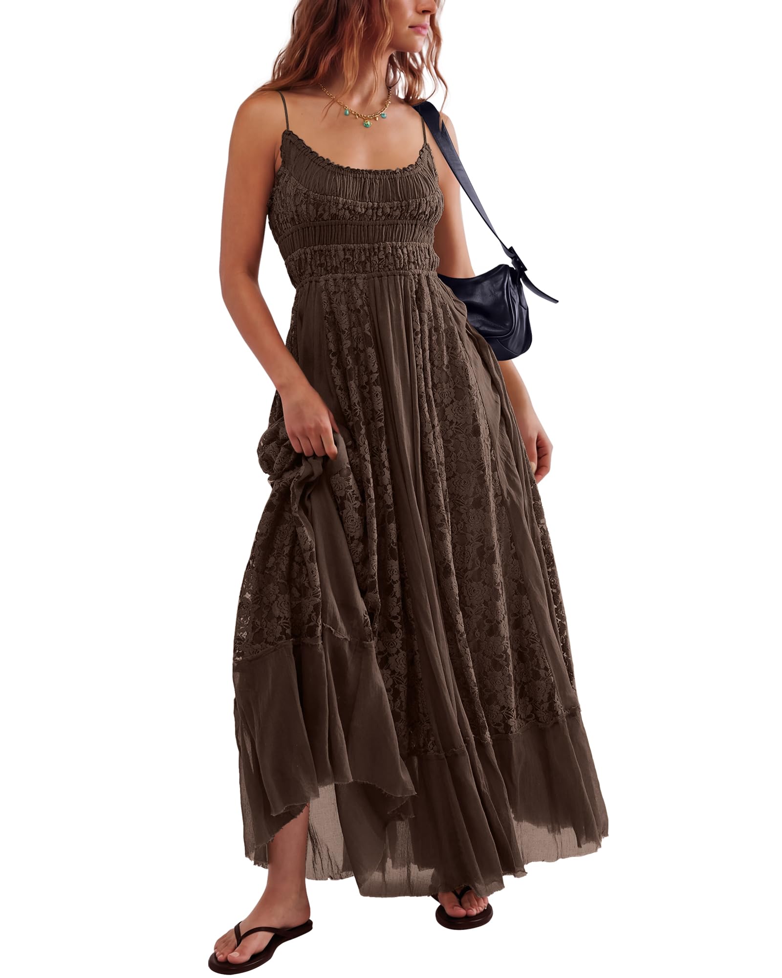 Gacaky Summer Dress for Women Casual Lace Floral Embroidered Bohemian Maxi Dress Flowy A Line Beach Long Dresses