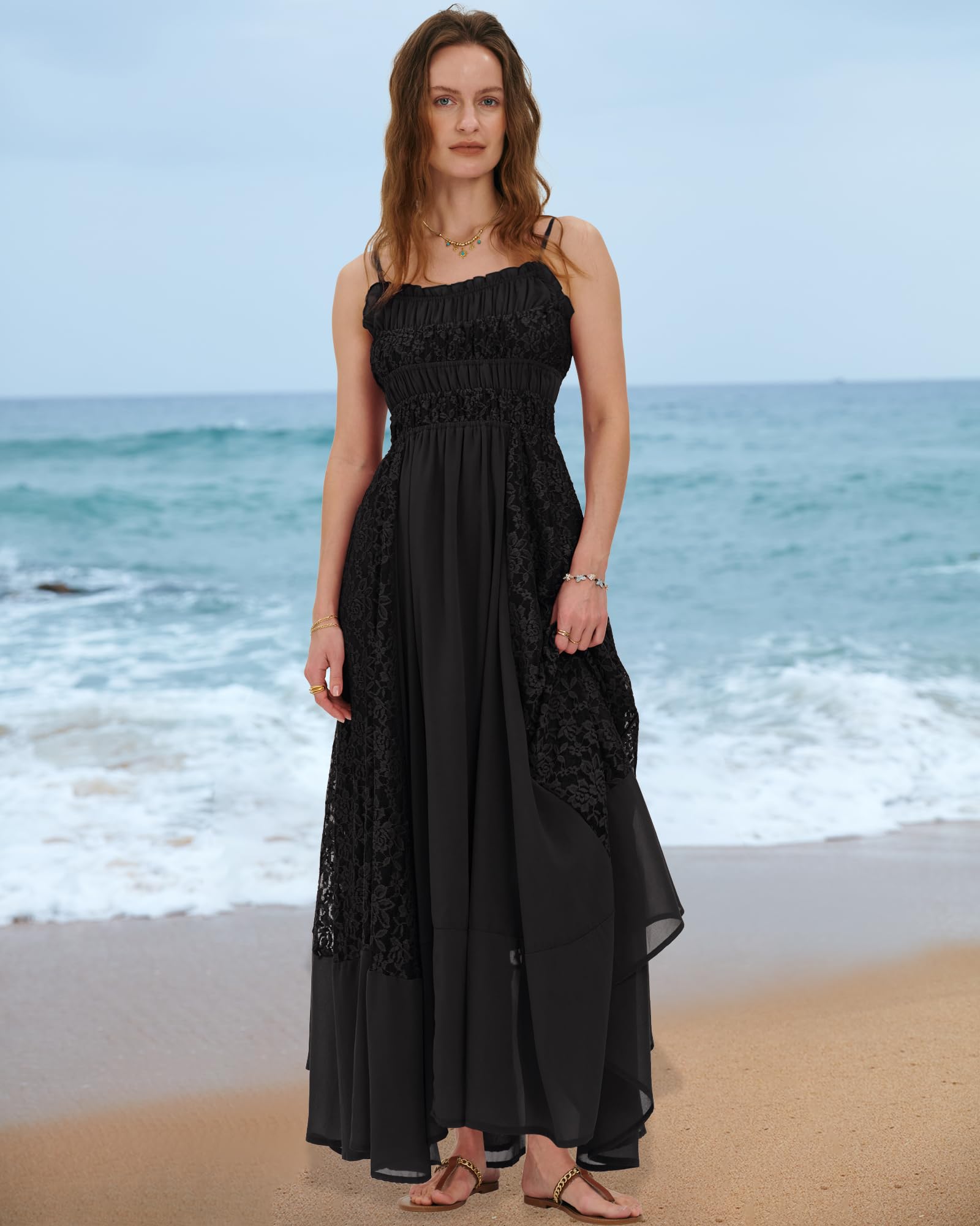 Gacaky Summer Dress for Women Casual Lace Floral Embroidered Bohemian Maxi Dress Flowy A Line Beach Long Dresses