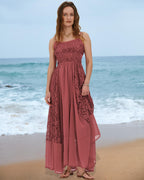 Gacaky Summer Dress for Women Casual Lace Floral Embroidered Bohemian Maxi Dress Flowy A Line Beach Long Dresses