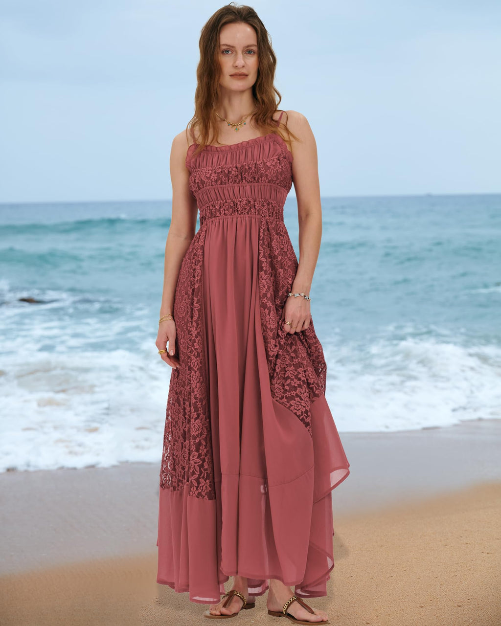 Gacaky Summer Dress for Women Casual Lace Floral Embroidered Bohemian Maxi Dress Flowy A Line Beach Long Dresses