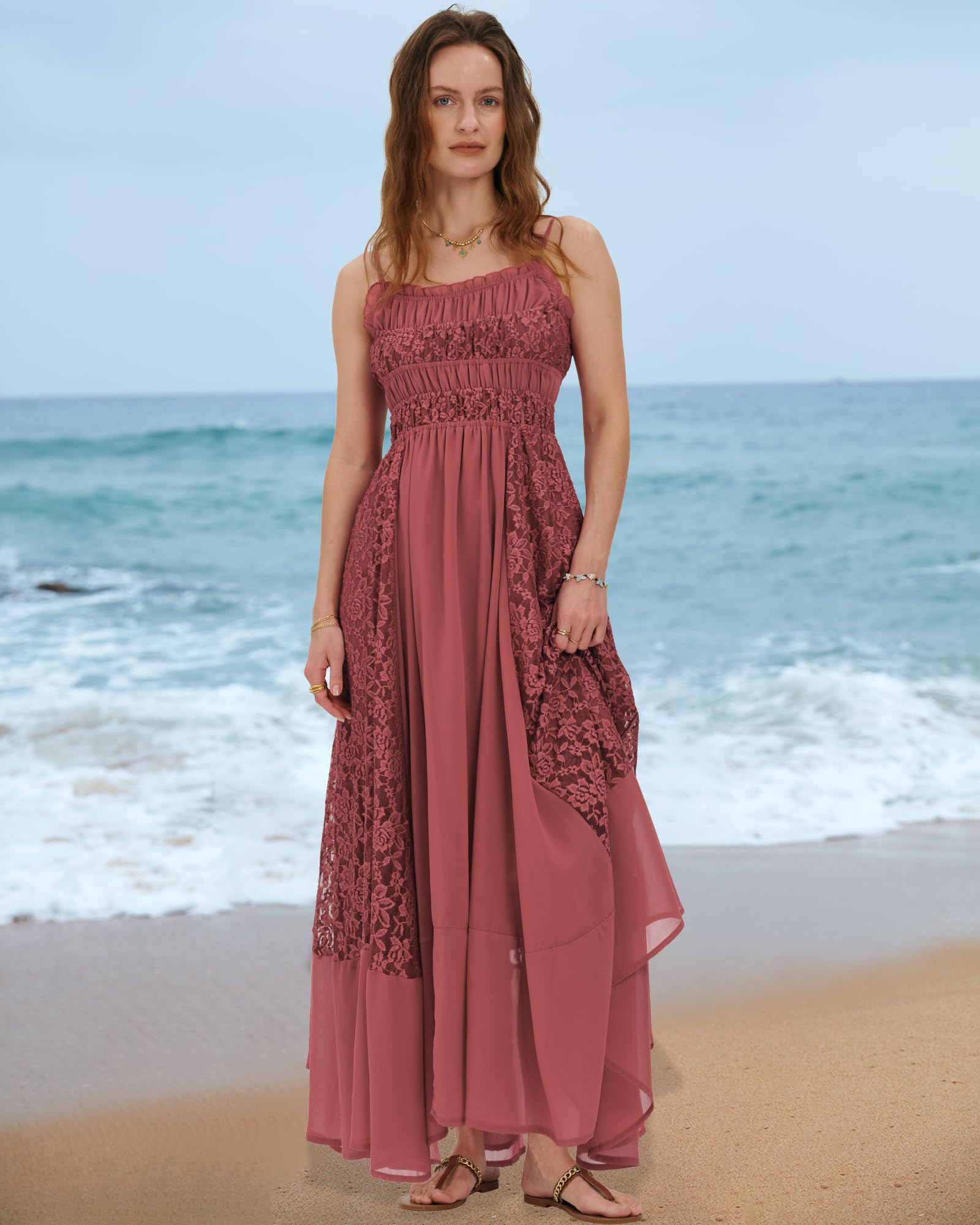 Gacaky Summer Dress for Women Casual Lace Floral Embroidered Bohemian Maxi Dress Flowy A Line Beach Long Dresses