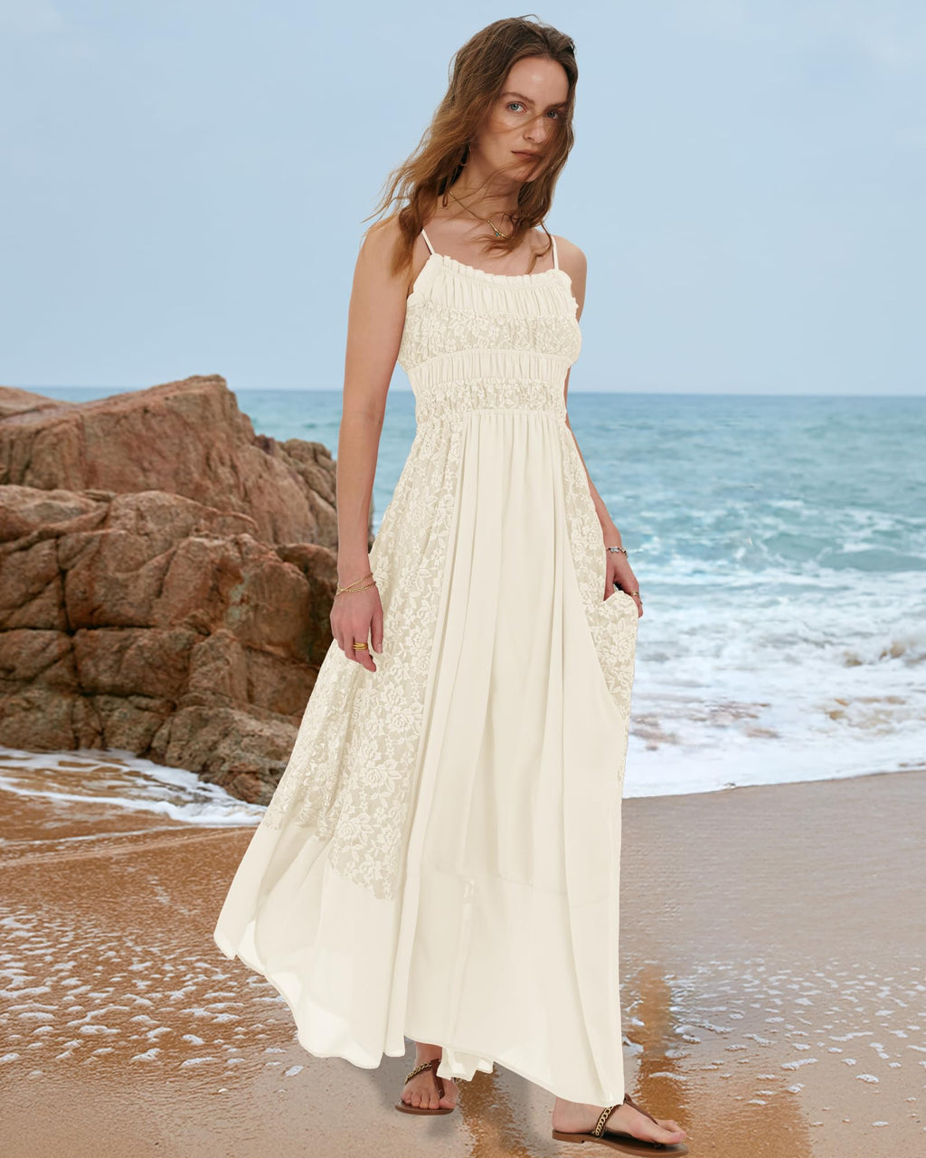 Gacaky Summer Dress for Women Casual Lace Floral Embroidered Bohemian Maxi Dress Flowy A Line Beach Long Dresses
