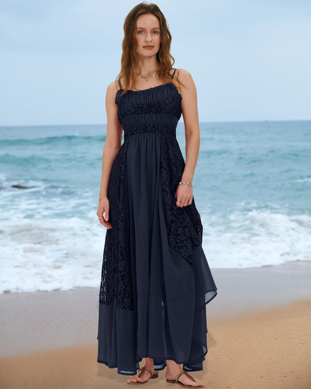 Gacaky Summer Dress for Women Casual Lace Floral Embroidered Bohemian Maxi Dress Flowy A Line Beach Long Dresses