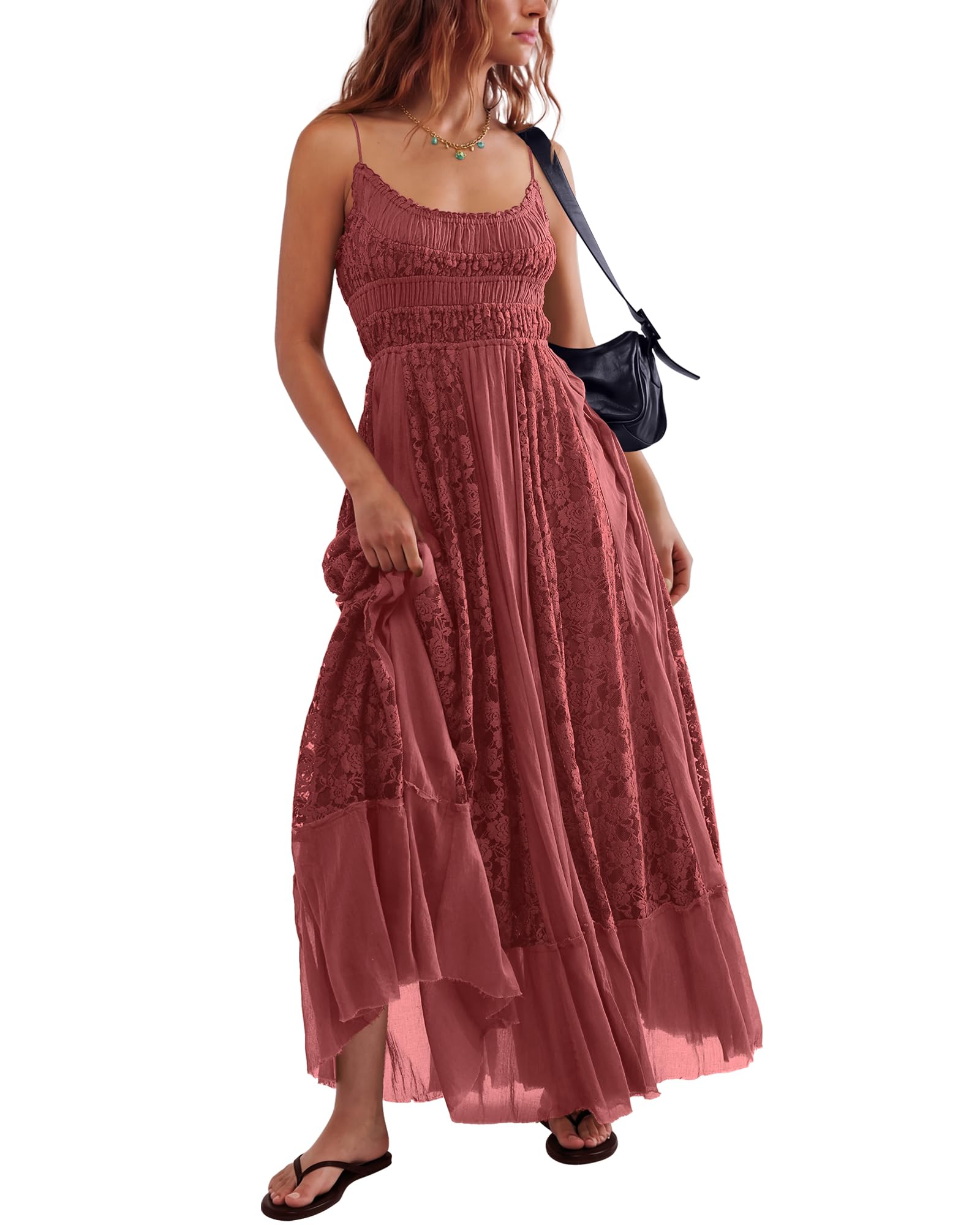 Gacaky Summer Dress for Women Casual Lace Floral Embroidered Bohemian Maxi Dress Flowy A Line Beach Long Dresses