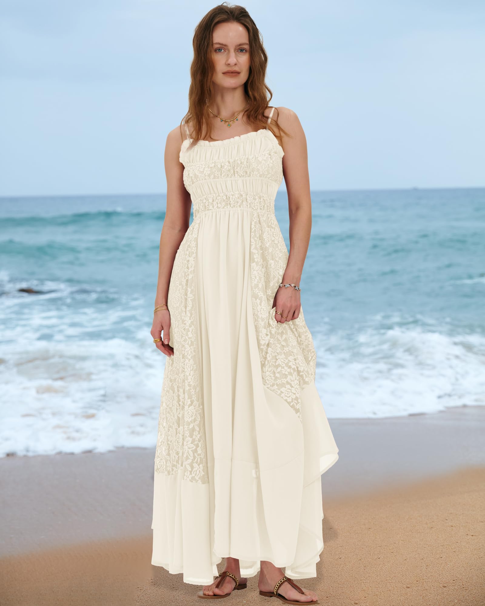 Gacaky Summer Dress for Women Casual Lace Floral Embroidered Bohemian Maxi Dress Flowy A Line Beach Long Dresses