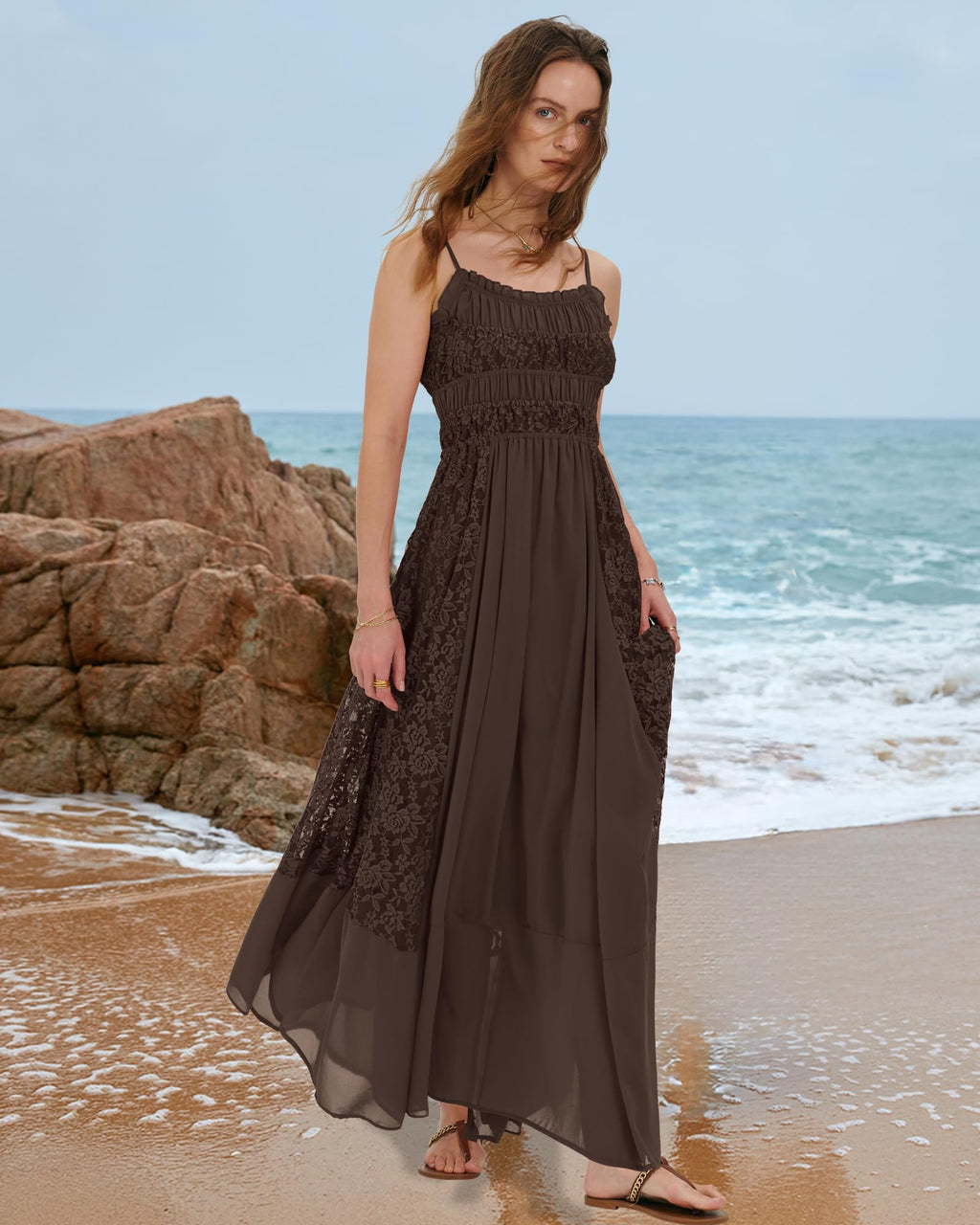Gacaky Summer Dress for Women Casual Lace Floral Embroidered Bohemian Maxi Dress Flowy A Line Beach Long Dresses