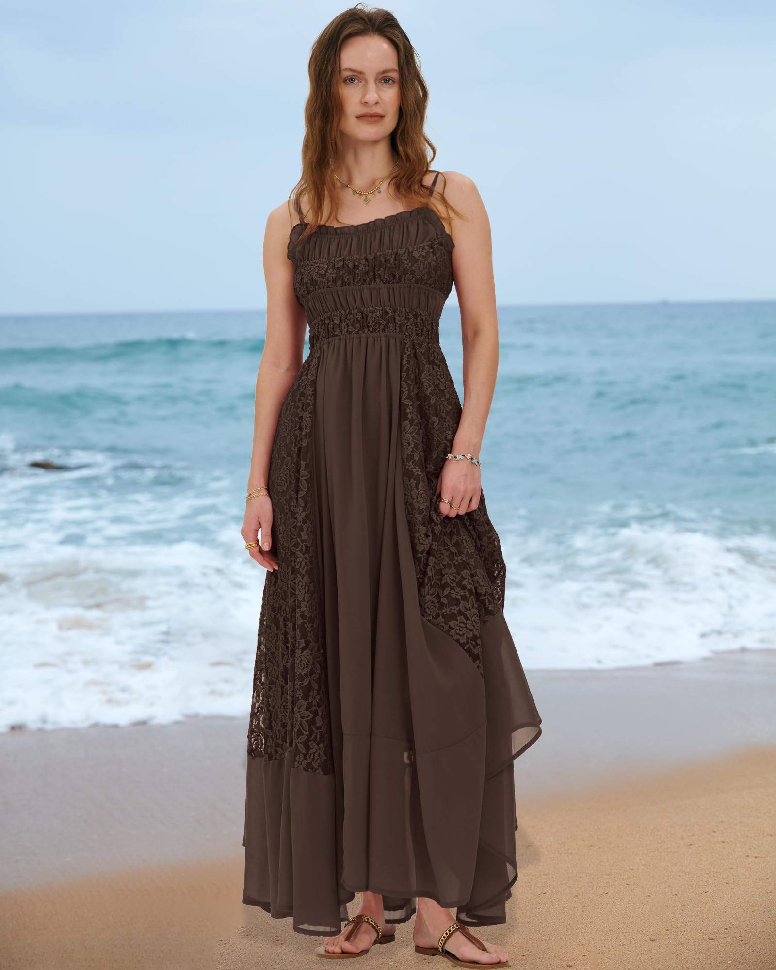 Gacaky Summer Dress for Women Casual Lace Floral Embroidered Bohemian Maxi Dress Flowy A Line Beach Long Dresses