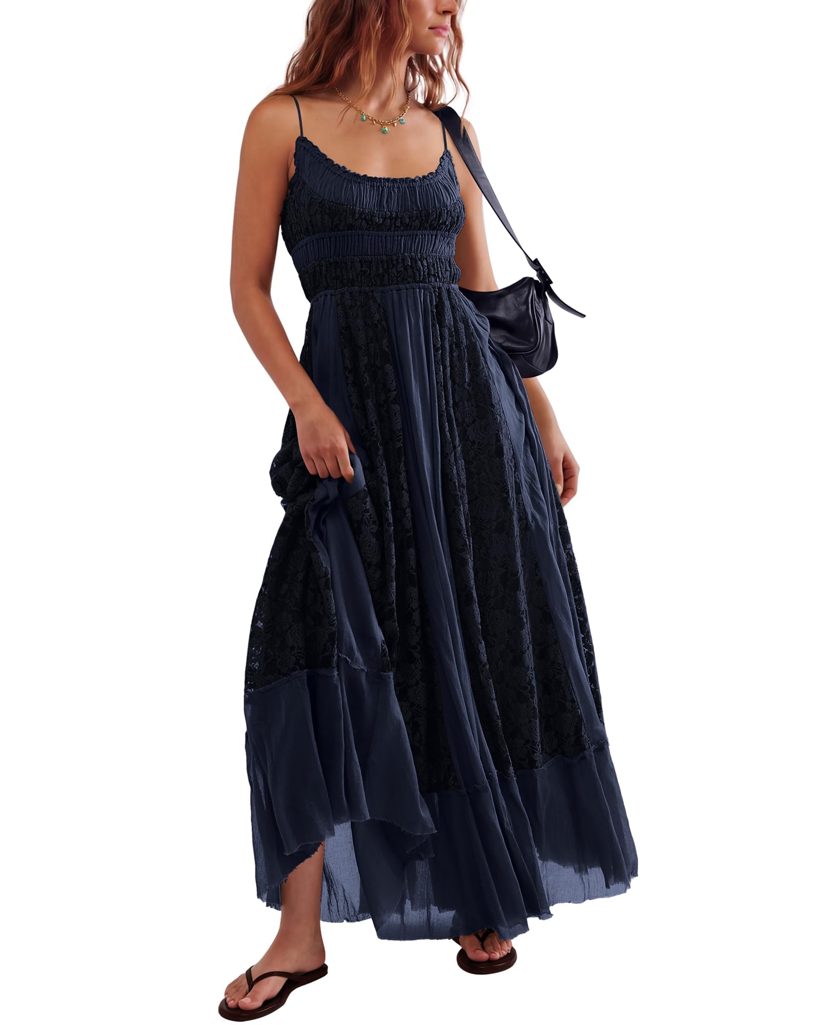 Gacaky Summer Dress for Women Casual Lace Floral Embroidered Bohemian Maxi Dress Flowy A Line Beach Long Dresses