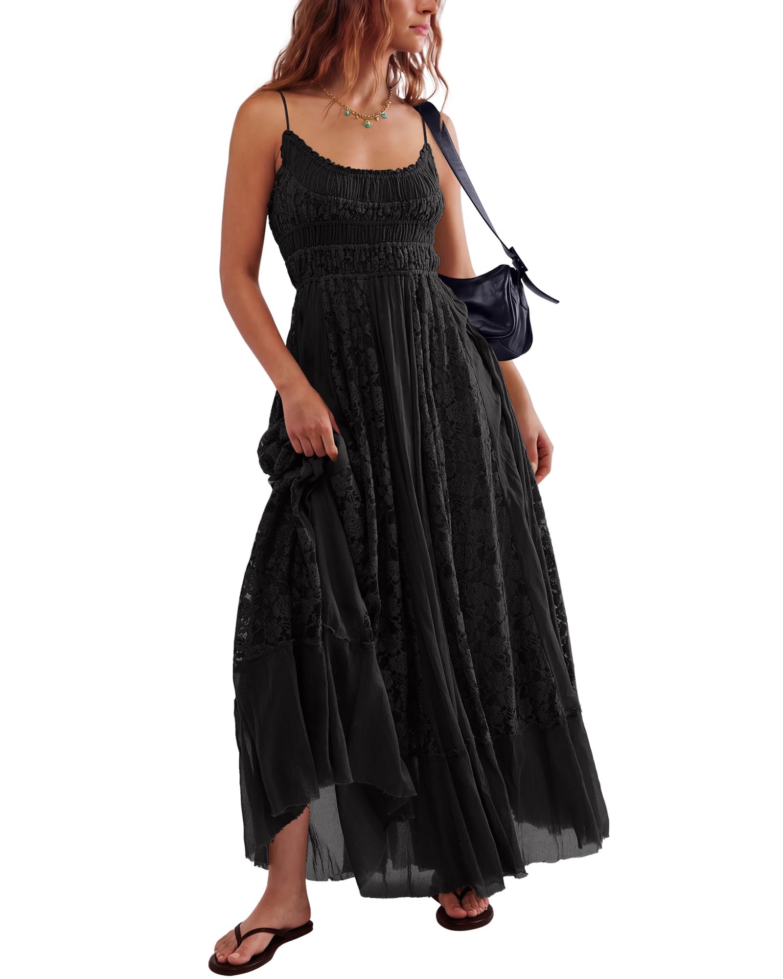 Gacaky Summer Dress for Women Casual Lace Floral Embroidered Bohemian Maxi Dress Flowy A Line Beach Long Dresses