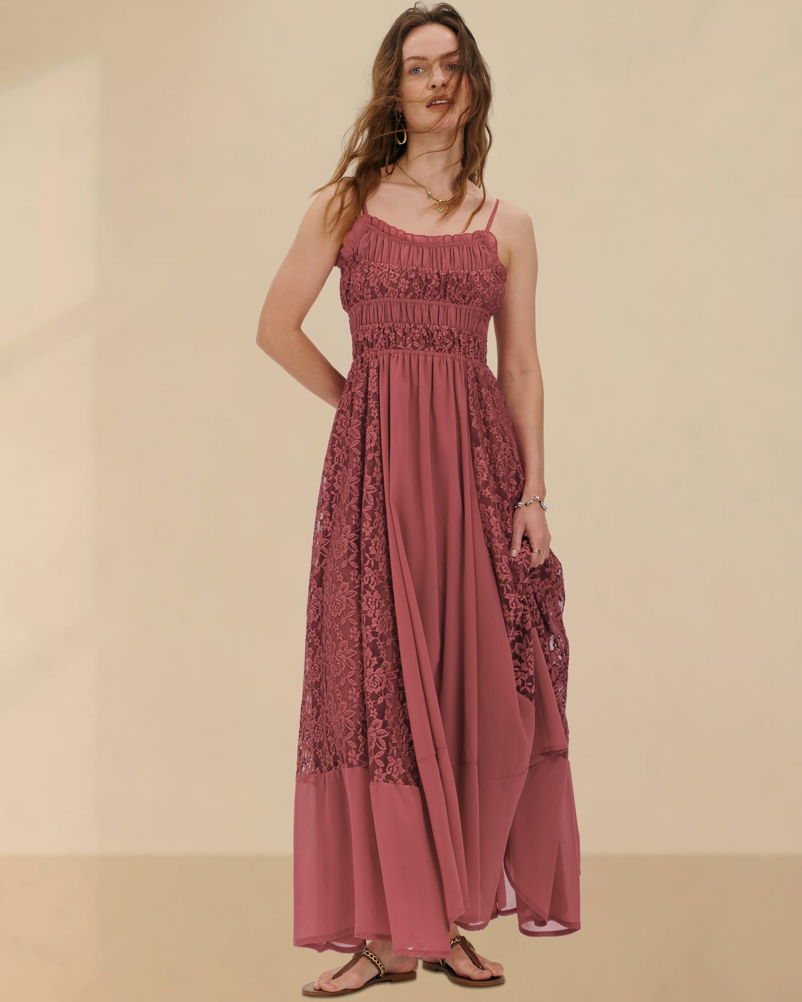 Gacaky Summer Dress for Women Casual Lace Floral Embroidered Bohemian Maxi Dress Flowy A Line Beach Long Dresses