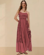 Gacaky Summer Dress for Women Casual Lace Floral Embroidered Bohemian Maxi Dress Flowy A Line Beach Long Dresses