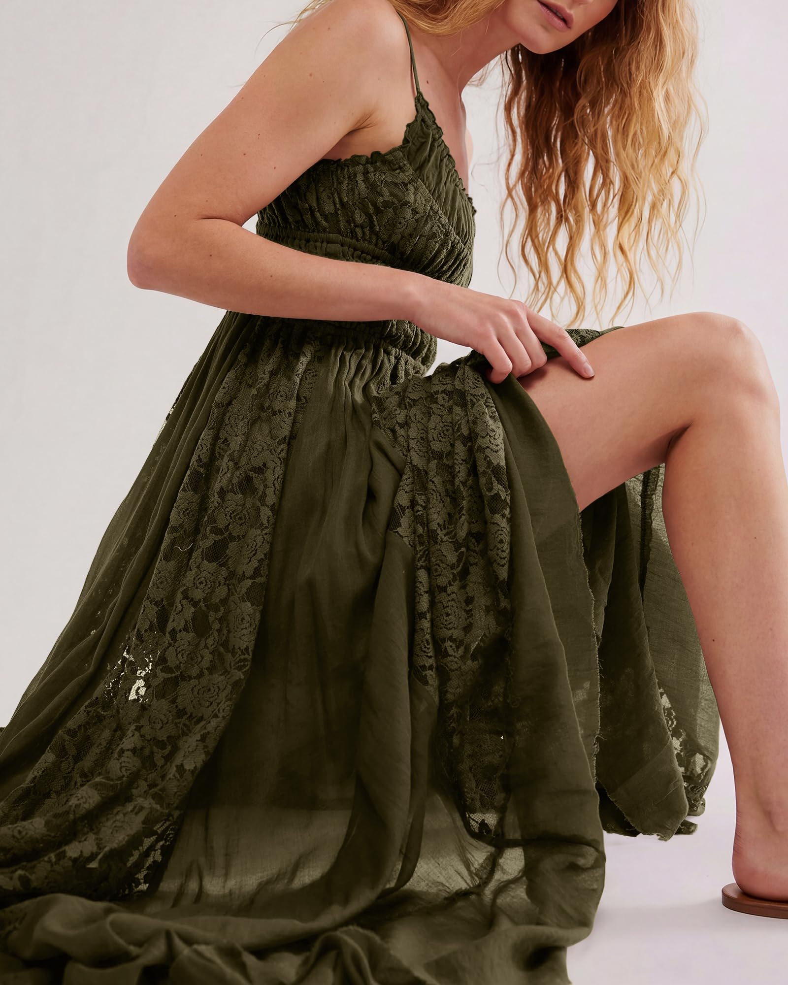 Gacaky Summer Dress for Women Casual Lace Floral Embroidered Bohemian Maxi Dress Flowy A Line Beach Long Dresses