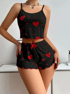 Women's Romantic Heart Print Cami & Shorts Pajama Set - Soft Ribbed Nightwear