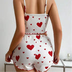 Women's Romantic Heart Print Cami & Shorts Pajama Set - Soft Ribbed Nightwear