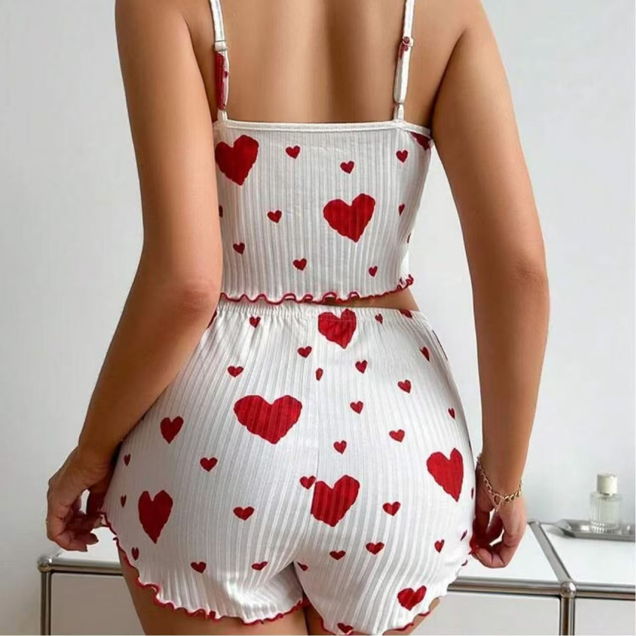 Women's Romantic Heart Print Cami & Shorts Pajama Set - Soft Ribbed Nightwear