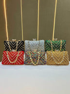 Luxury Rhinestone & Pearl Encrusted Evening Clutch - Elegant Geometric Pattern Party Purse with Detachable Chain Strap