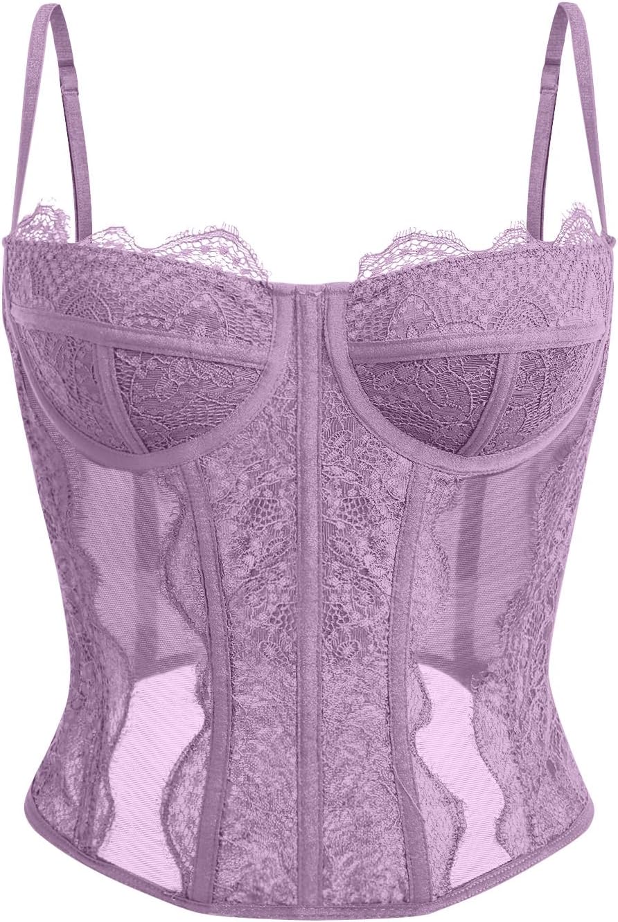 Dealmore Lace Corset Top for Women – Mesh Bustier Crop Tank for Parties, Date Nights & Going Out