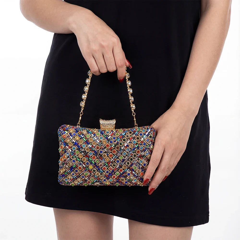 Luxury Rhinestone & Pearl Encrusted Evening Clutch - Elegant Geometric Pattern Party Purse with Detachable Chain Strap