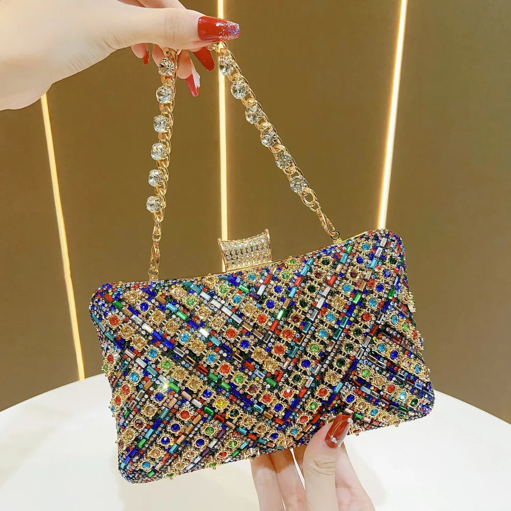 Luxury Rhinestone & Pearl Encrusted Evening Clutch - Elegant Geometric Pattern Party Purse with Detachable Chain Strap