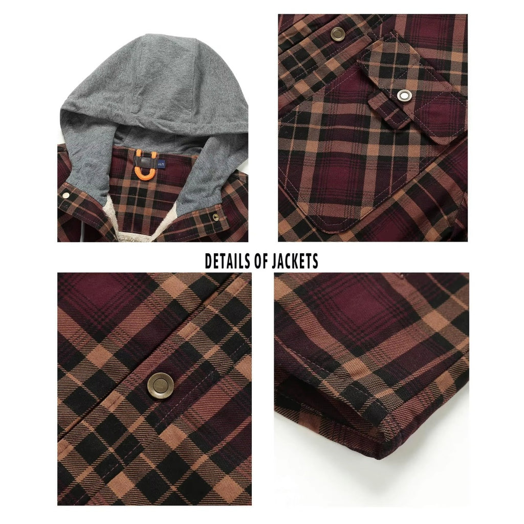 Men's Heavyweight Fleece-Lined Plaid Shirt Jacket - Retro Hooded Winter Flannel Coat