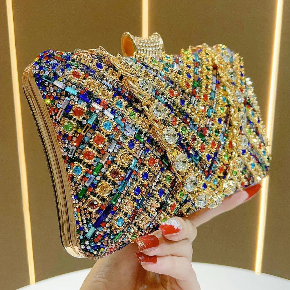 Luxury Rhinestone & Pearl Encrusted Evening Clutch - Elegant Geometric Pattern Party Purse with Detachable Chain Strap