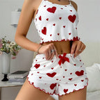 Women's Romantic Heart Print Cami & Shorts Pajama Set - Soft Ribbed Nightwear
