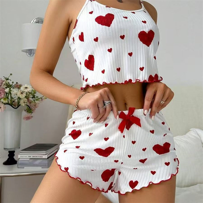 Women's Romantic Heart Print Cami & Shorts Pajama Set - Soft Ribbed Nightwear