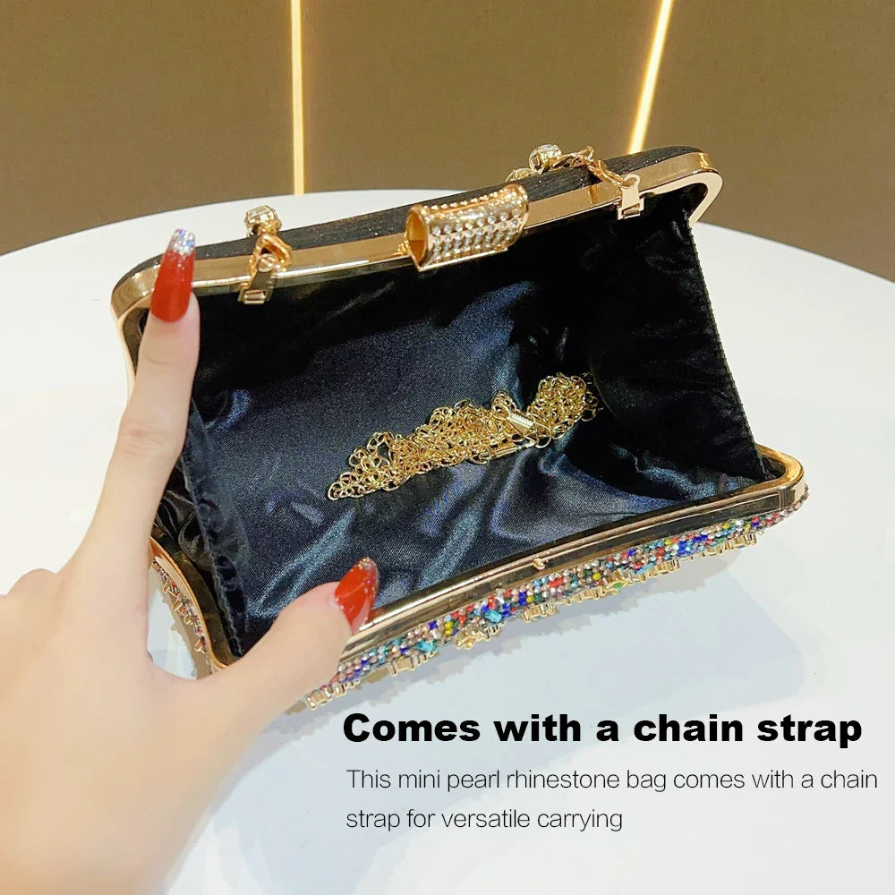 Luxury Rhinestone & Pearl Encrusted Evening Clutch - Elegant Geometric Pattern Party Purse with Detachable Chain Strap