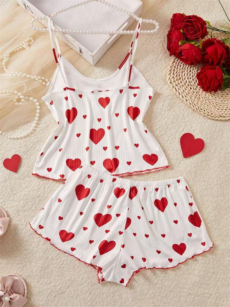 Women's Romantic Heart Print Cami & Shorts Pajama Set - Soft Ribbed Nightwear