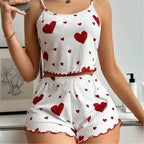 Women's Romantic Heart Print Cami & Shorts Pajama Set - Soft Ribbed Nightwear