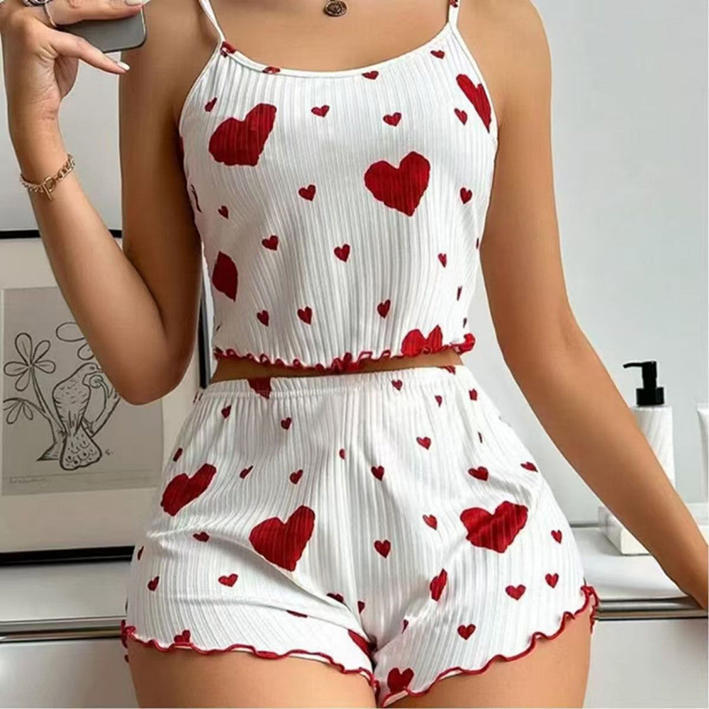 Women's Romantic Heart Print Cami & Shorts Pajama Set - Soft Ribbed Nightwear