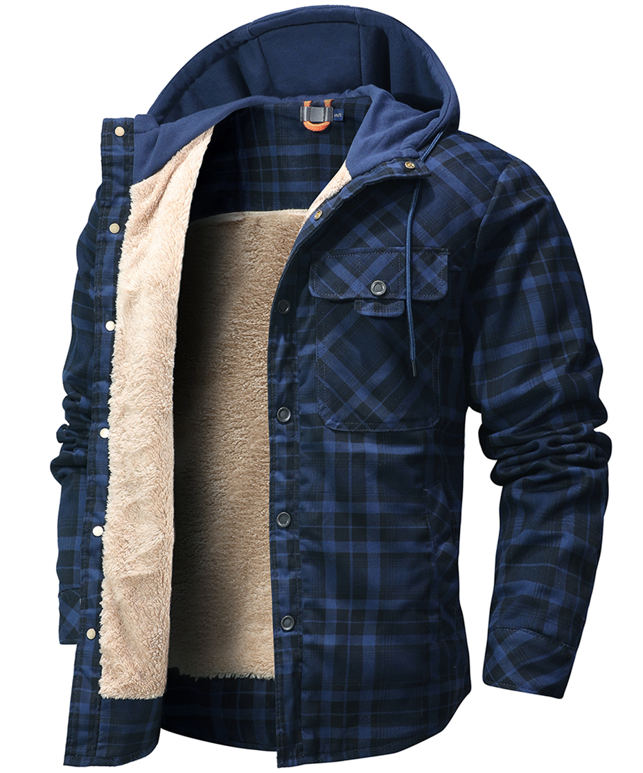 Men's Heavyweight Fleece-Lined Plaid Shirt Jacket - Retro Hooded Winter Flannel Coat
