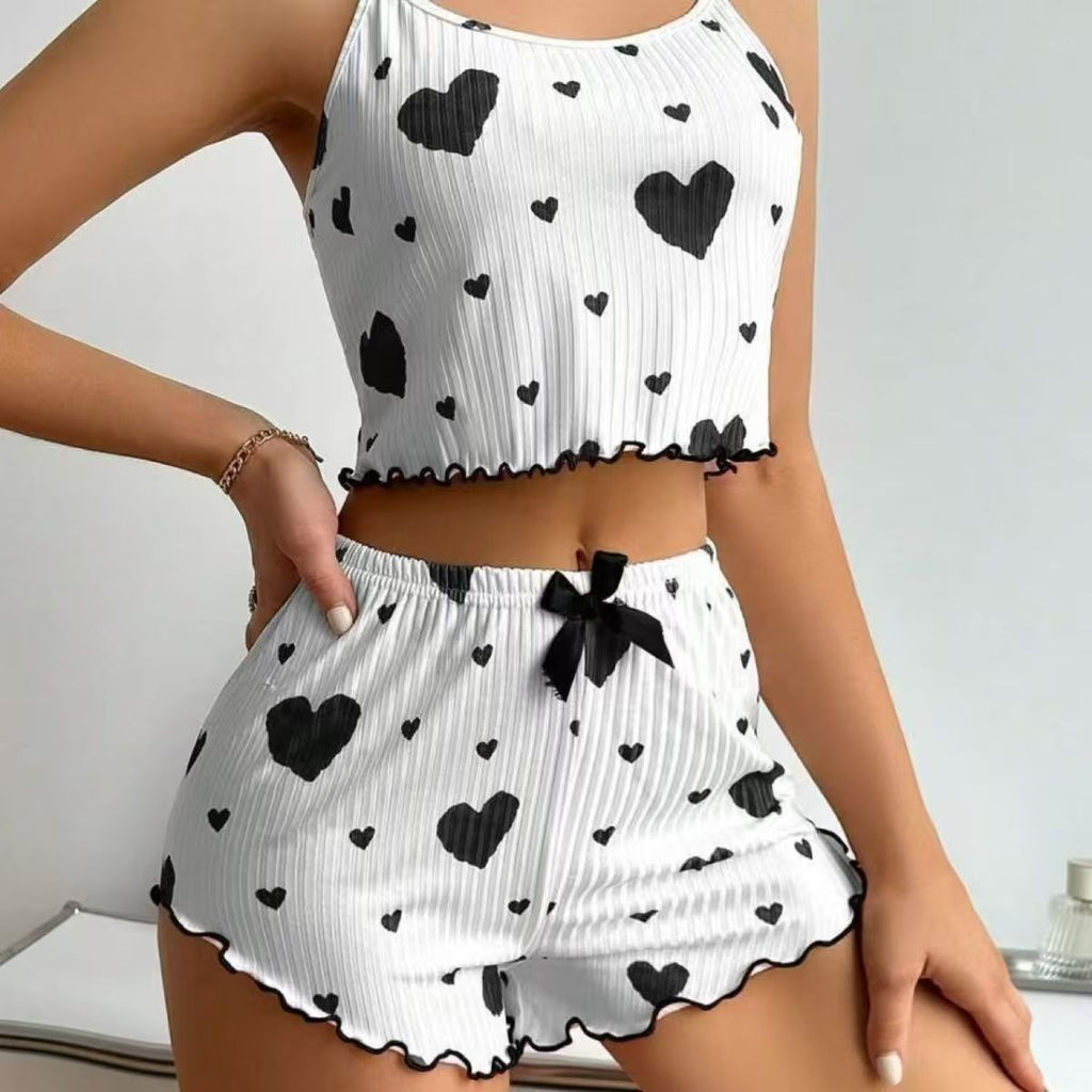 Women's Romantic Heart Print Cami & Shorts Pajama Set - Soft Ribbed Nightwear