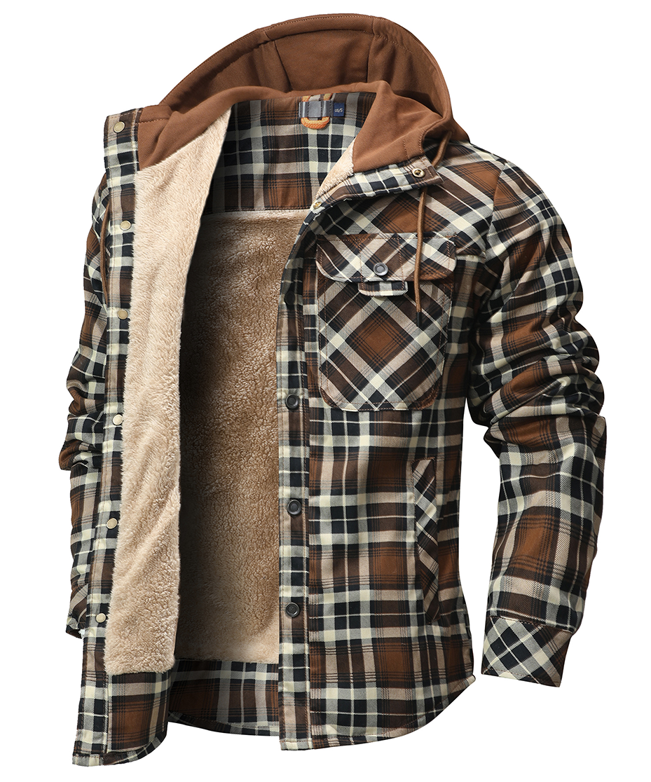 Men's Heavyweight Fleece-Lined Plaid Shirt Jacket - Retro Hooded Winter Flannel Coat