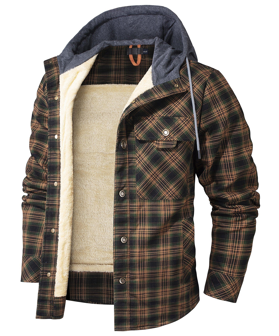 Men's Heavyweight Fleece-Lined Plaid Shirt Jacket - Retro Hooded Winter Flannel Coat