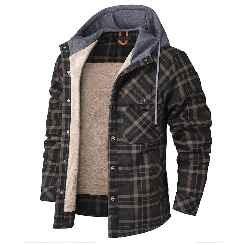 Men's Heavyweight Fleece-Lined Plaid Shirt Jacket - Retro Hooded Winter Flannel Coat