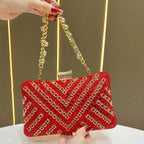 Luxury Rhinestone & Pearl Encrusted Evening Clutch - Elegant Geometric Pattern Party Purse with Detachable Chain Strap