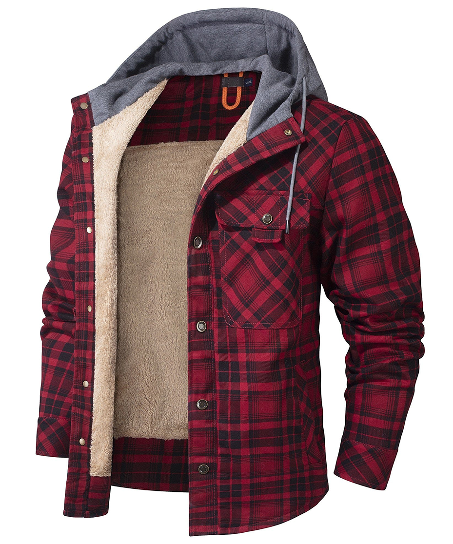 Men's Heavyweight Fleece-Lined Plaid Shirt Jacket - Retro Hooded Winter Flannel Coat